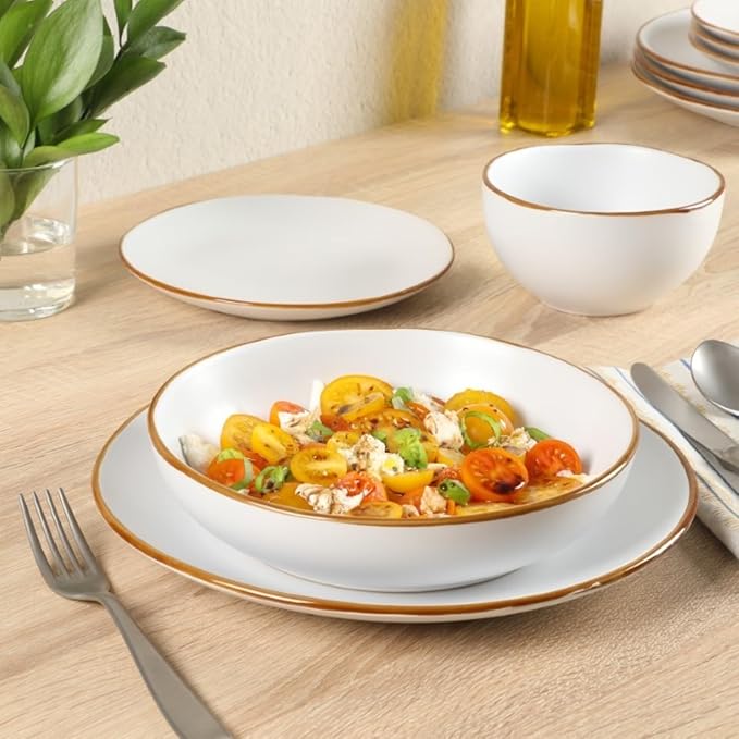 Gibson Home Hazeltine 16-Piece White Stoneware Dinnerware Set ??Plates and Bowls, Durable Ceramic Kitchen Dinner Set