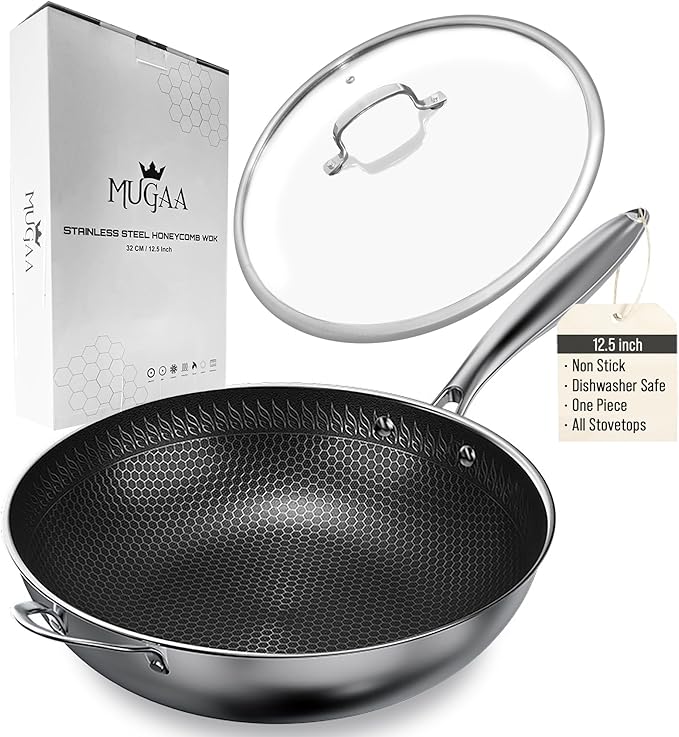 12.5??Nonstick Stainless Steel Wok Pan with Lid | Tri-Ply Honeycomb Hybrid Stir-Fry Pan | Nonstick Woks & Stir-Fry Pans | PFOA-Free, Induction, Dishwasher & Oven Safe