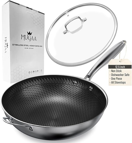 12.5??Nonstick Stainless Steel Wok Pan with Lid | Tri-Ply Honeycomb Hybrid Stir-Fry Pan | Nonstick Woks & Stir-Fry Pans | PFOA-Free, Induction, Dishwasher & Oven Safe