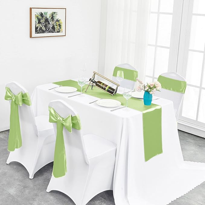 10-Pack Green Satin Table Runner 12 x 108 Inch Long Bright and Smooth Silk Fabric Table Runner for Wedding Banquet Birthday Party Decoration