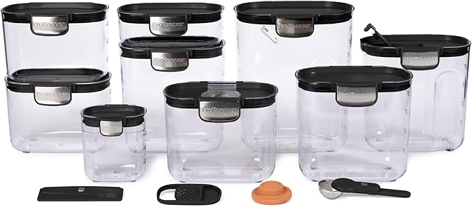 ProKeeper+ Airtight Food Storage Container Set ??Clear Plastic Flour and Sugar Canister Set with Magnetic Accessories for Kitchen Organization (Black, 13-Piece)