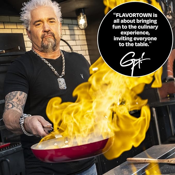 Guy Fieri's Flavortown 6-Piece Ceramic Cookware Set, 8" & 10.2" Frypans, 2QT Saucepan, 3.2QT Saut챕pan Nonstick, Made without PFAS PTFE PFOA, Oven & Dishwasher Safe, Easy to Clean, Red