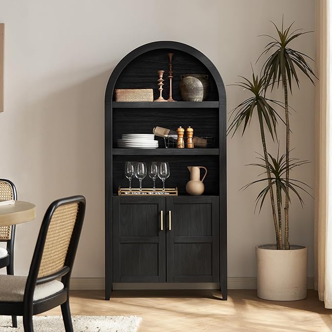 mopio Lauren 65.4" Short Arched Cabinet, 5-Tier Arched Bookcase with Doors and Shelves, Mini Arch Bookshelf with Storage, Wooden Storage Cabinet for Living Room and Kitchen Pantry (Set of 2, Black)