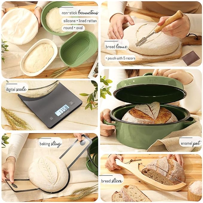 All-Inclusive ?뿣?뿥?뿕?뿞?뿙?뿨?뿞 Sourdough Starter Kit with Pot, 34 Oz Starter Jar, 4 Banneton Bread Proofing Baskets, Scraper, Scale, Sourdough Bread Baking Supplies, Detailed Beginner Guide & Recipes