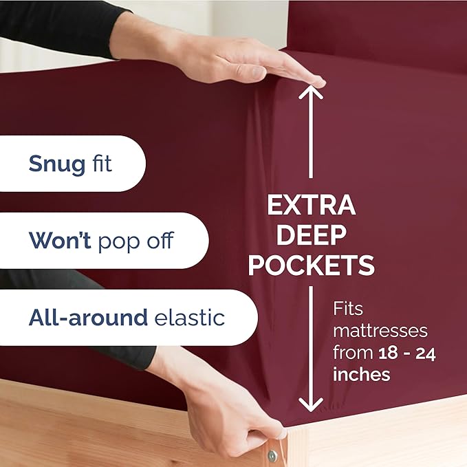 Extra Deep Pocket Twin Sheets - 3 Piece Breathable & Cooling Bed Sheets - Hotel Luxury Bed Sheet Set - Soft, Wrinkle Free & Comfy - Easily Fits Extra Deep Mattresses - Deep Pocket Burgundy Sheets Set