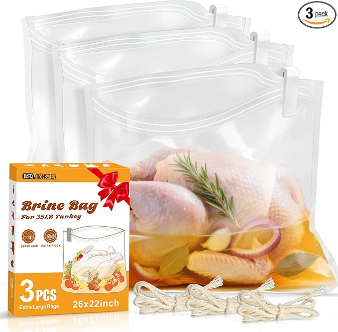 Turkey Brine Bag, Brining Bags for Turkey 25LB and Above with 3 Strings and Clips, Gifts for Mom, Dad or Men Who Loves Cooking in Kitchen, 26"x 22" Size Used for Marinating Turkey and Meat; 3PCS