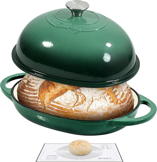 Davivy 6QT Oval Dutch Oven for Sourdough with Lid, Cast Iron Bread Oven Bread Pan with Silicone Baking Mat, Cast Iron Bread Pan Sourdough Bread Cloche Dutch Oven- Forest Green