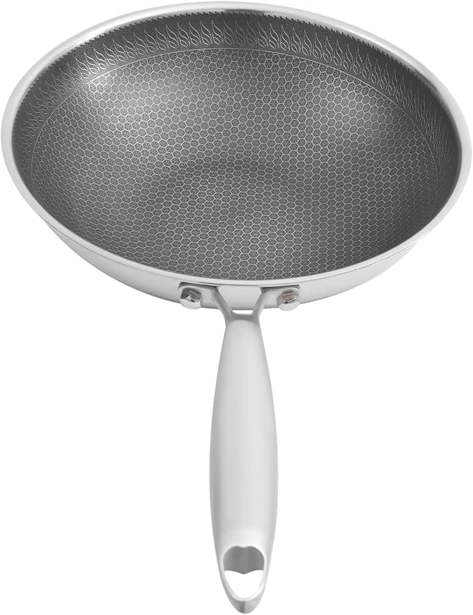SUS 316 Stainless Steel Wok, Nonstick Frying Pan & Skillet with Lid, Induction Compatible Cookware, Honeycomb Wok Pan for Stir-Frying Saut챕ing Home Kitchen Camping Cooking (32cm)