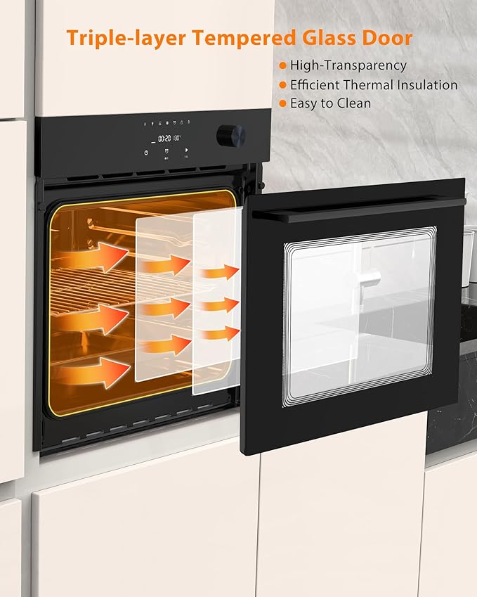 24 Inch Built-In Single Wall Oven, 2.5 Cu.Ft 3000W Electric Convection Oven with Touch & Mechanical Knob Controls, 8 Cooking Modes, ETL Certified, Modern Black Finish