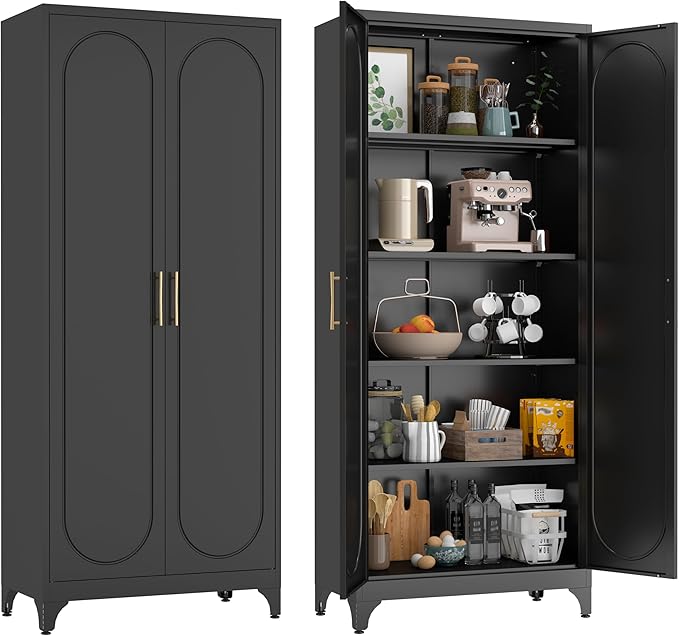 75??Tall Kitchen Pantry Cabinet,Metal Kitchen Storage Cabinet with Doors and Adjustable Shelves,Modern Hutch Cabinets,Freestanding Cupboard for Dining Room