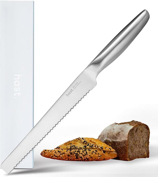 HAST Edition 8-Inch Serrated Bread Knife, Ultra-Sharp Professional Bread Slicing Knife, Advanced Powder Steel, Lightweight, Comfortable Ergonomic & Award-Winning Design (Matte Silver)
