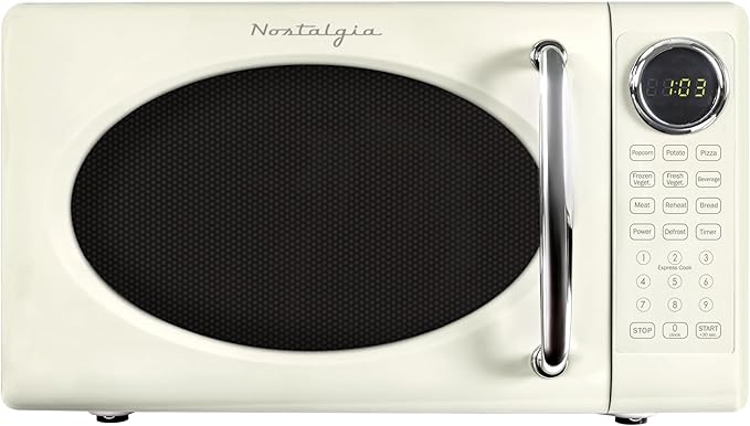 Nostalgia Retro 700W Microwave Oven 0.7 Cu Ft Capacity ??Child Safety Lock, 8 Auto-Cook Settings ??Countertop Kitchen Appliance ??Ivory