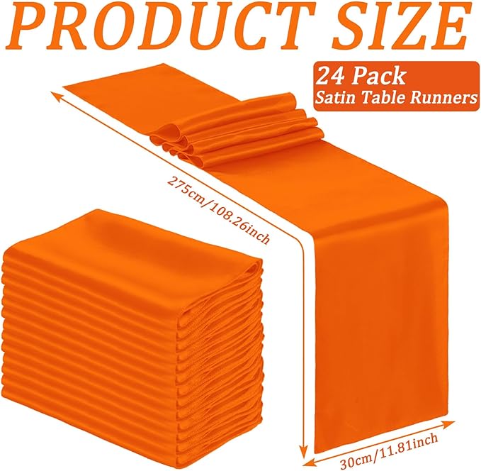 Bencailor 24 Pcs Orange Satin Table Runner Bulk 12 x 108 Inches Long Table Runners Bright Smooth Fabric Tablecloth for Wedding Banquet Birthday Valentines St Patrick's Day Party Decorations