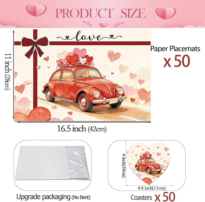 50Pcs Valentine's Day Paper Placemats, Love Heart Disposable Paper Place Mats with Coasters,16.5 x 11 Inch Valentines Table Mat for Valentine Wedding Anniversary Party Kitchen Dining Table Decor