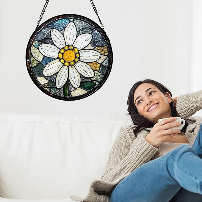 Stained Glass Window Hanging - Yellow White Daisy Birth Flower Suncatcher for Door Garden Yard Sun Catchers Decor Christmas Mother's Day Birthday Gifts for Teacher Women Mom Nana 7.8 in