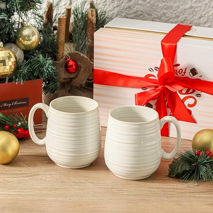 HASENSE Coffee Mugs Set of 2, 20 oz Ceramic Coffee Cups for Men and Women, Premium Large Tea Cups Gift Box with Coaster & Gold Spoon, Couple Mugs for Wedding Gift, Clay-Infused White