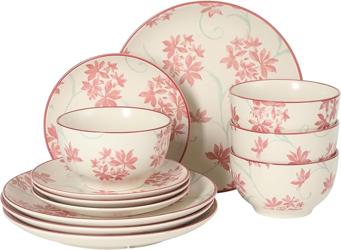 Gibson Home Admiral Hall 12-Piece Matte Stoneware Dinnerware Set ??Dinner Plates, Salad Plates & Bowls with Pink Floral Pattern, Durable Everyday Dish Set, Microwave & Dishwasher Safe
