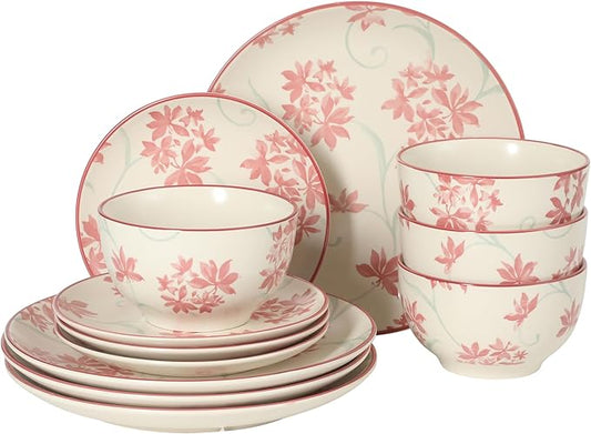 Gibson Home Admiral Hall 12-Piece Matte Stoneware Dinnerware Set ??Dinner Plates, Salad Plates & Bowls with Pink Floral Pattern, Durable Everyday Dish Set, Microwave & Dishwasher Safe