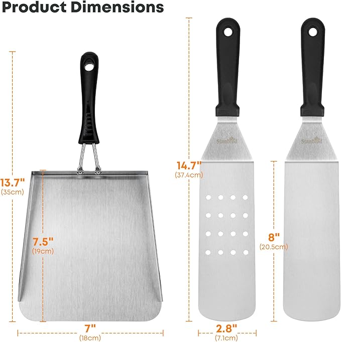 Stanbroil Stainless Steel Griddle Food Mover, 3 PCS Flat Top Grill Accessories Set for Stir Fry and Move Food