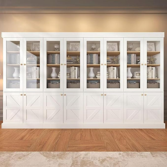 71" Tall Farmhouse Kitchen Pantry, Rustic Large Storage Cabinet with Glass Doors, Adjustable Shelves, Wood Versatile Hutch Cabinet for Dining Room, Living Room, White 4 pcs