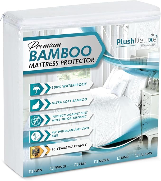 PlushDeluxe Premium Bamboo Mattress Protector ??King Size, Waterproof, & Ultra Soft Breathable Noiseless Washable Bed Mattress Cover for Comfort & Protection - White