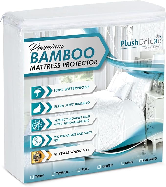 PlushDeluxe Premium Bamboo Mattress Protector ??Twin XL Size, Waterproof, & Ultra Soft Breathable Noiseless Washable Bed Mattress Cover for Comfort & Protection - White