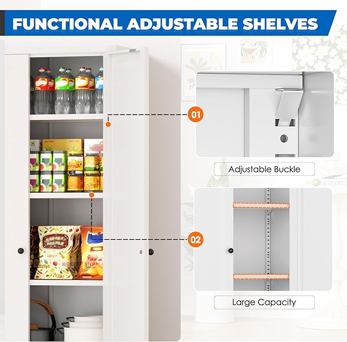 INTERGRAET Kitchen Pantry Cabinet, 63" Tall Metal Pantry Storage Cabinets with 2 Doors and 4 Shelves, White Metal Storage Cabinet,Cupboard for Home,Kitchen,Living Room/Dining