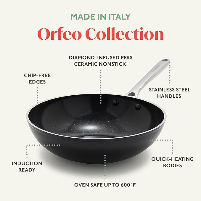 Orfeo 11??Nonstick Wok Pan, Made in Italy, Diamond Ceramic PFAS-Free Cookware, Induction Ready, Scratch Resistant, Laser-Fused Surface for Durability, Dishwasher Safe, Black