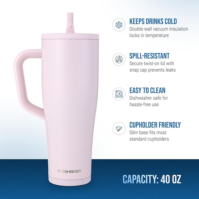 Ice Shaker 40 oz Tumbler with Handle and Straw | 40oz Oakley | Cold for 30+ Hours | 2-in-1 Tumbler Shaker Bottle | Odor-Free 40 ounce Bottle for Water, Protein Shakes, Smoothies, Cocktails