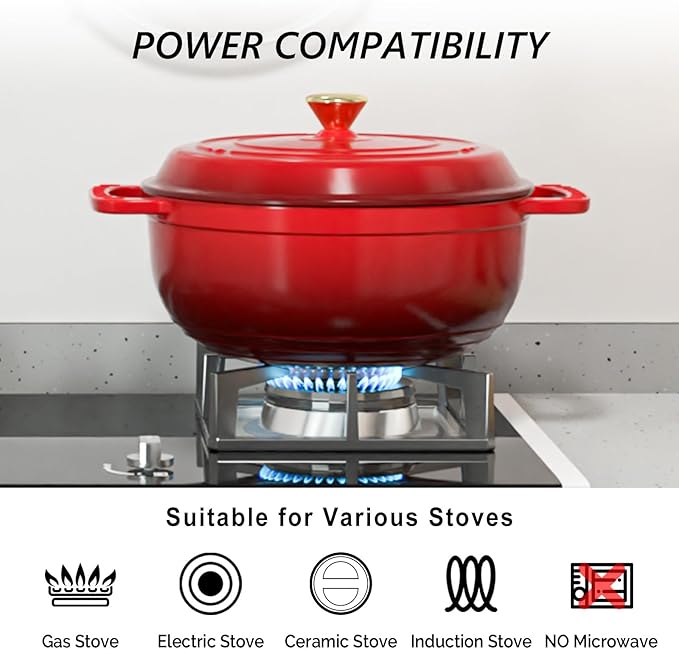 VINGLI 6QT Enameled Cast Iron Round Dutch Oven Pot with Lid, NonStick Casserole Pot with Dual Handles & Silicone GlovesRed, Oven Safe up to 500째F or on Stovetop, Dutch Oven for Bread Baking, Red