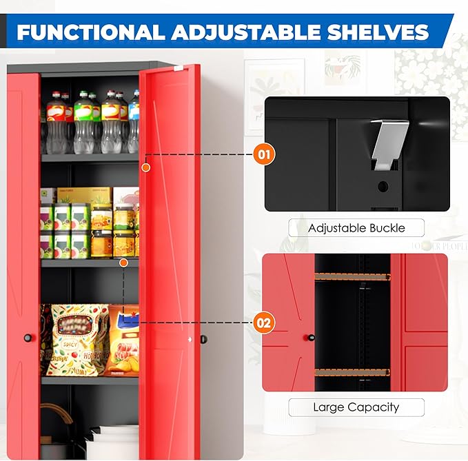 INTERGRAET 63" H Pantry Cabinet, Kitchen Pantry Storage Cabinets with 2 Doors and 4 Shelves, Black Red Metal Storage Cabinet,Cupboard for Home,Kitchen,Living Room/Dining