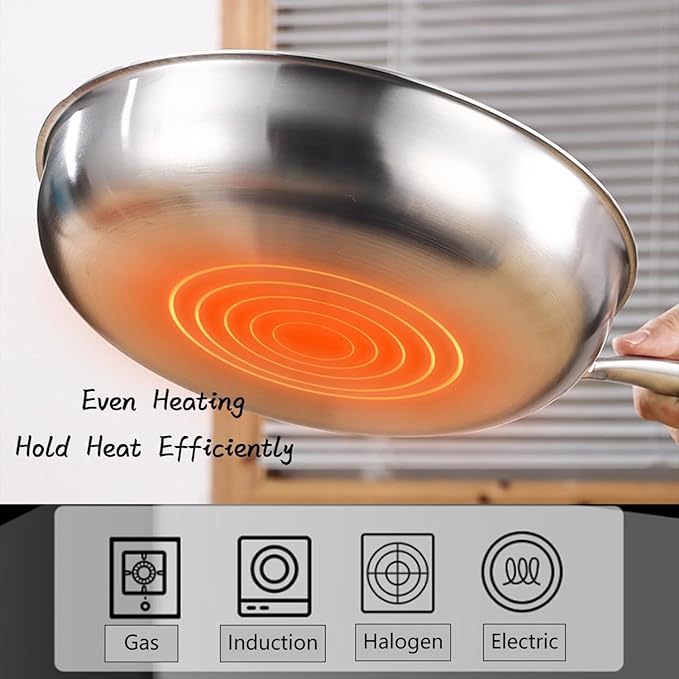 Stainless Steel Frying Pan with 5-Ply stainless steel Professional Cookware Durable Versatile Even Heating Dishwasher SafeSafe (8.5inch)