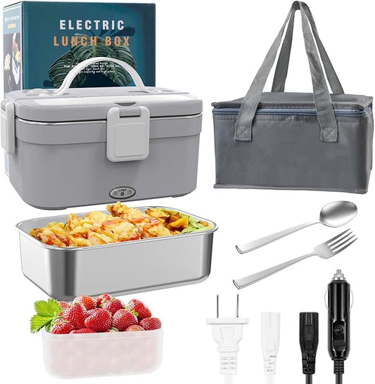 HaureiGi Electric Lunch Box for Adults, 80W Portable Warmer Leakproof Food Heater for Car Truck Work, 1.8L Heated LunchBoxes with Insulated Lunch Bag 12V 24V 110V(Gray)