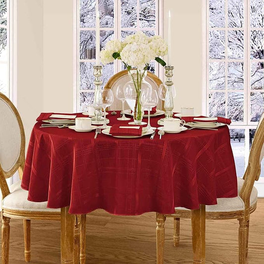 Newbridge 90 Inch Round Fabric Tablecloth, Elegance Plaid, 100% Polyester, No Iron Soil Resistant Dining Room, Party and Banquet Table Cover, Solid Textured, Scarlet Red
