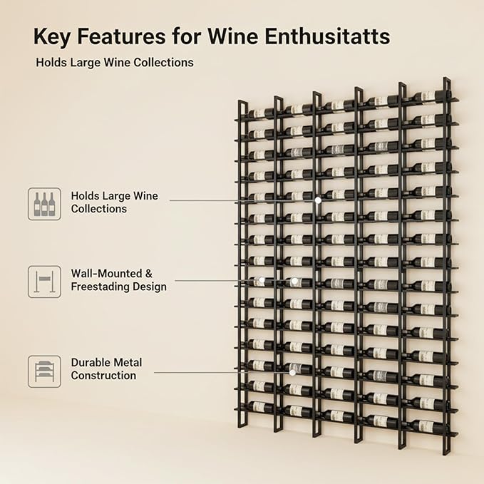 Large Wall Mount Wine Rack, 16 Tier 16 Bottle Wine Storage Organizer Display Holder, Modern Metal Wine Storage for Wine Cellars, Home Bars, Kitchens, and Dining Rooms