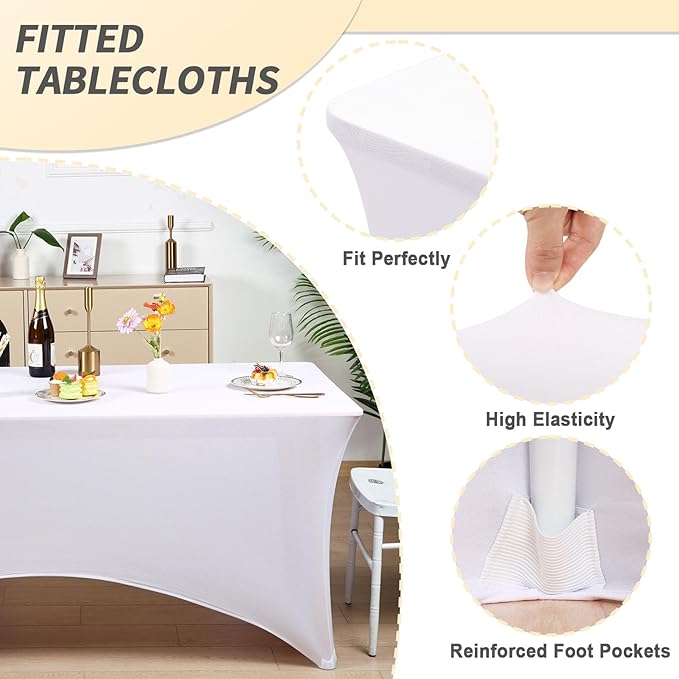 Fixwal 6 Pack Table Cloth Rectangle Table, 6FT Table Cover, White Table Cloth Rectangle Fitted Rectangular Stretch Tablecloth, Washable Patio Table Cover (White, 72L x 30W x 30H Inch)