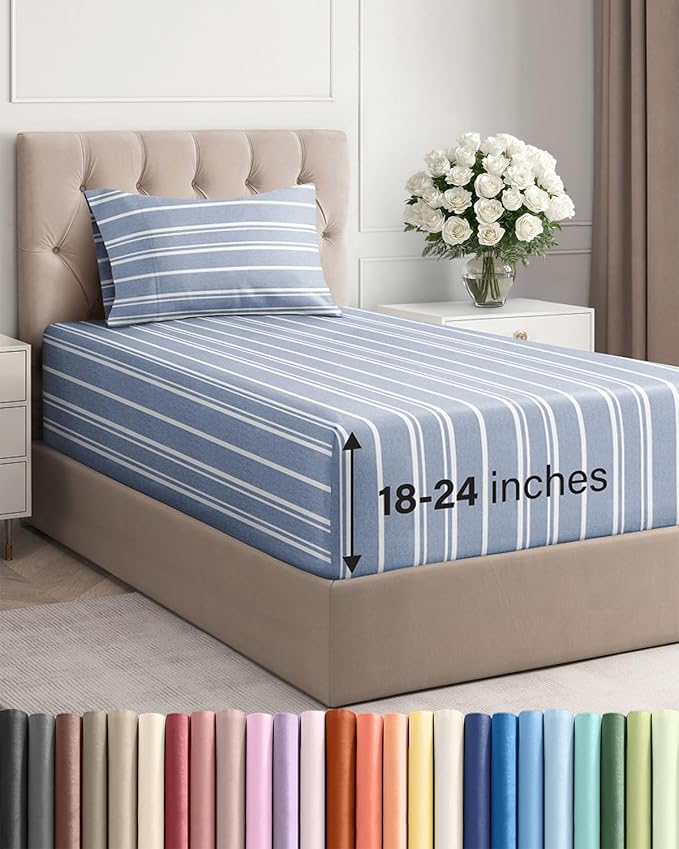 Extra Deep Pocket Twin XL Sheets - 3 Piece Breathable & Cooling Bed Sheets - Hotel Luxury Bed Sheet Set - Soft, Wrinkle Free & Comfy - Easily Fits Extra Deep Mattresses - Blue Striped Sheets Set