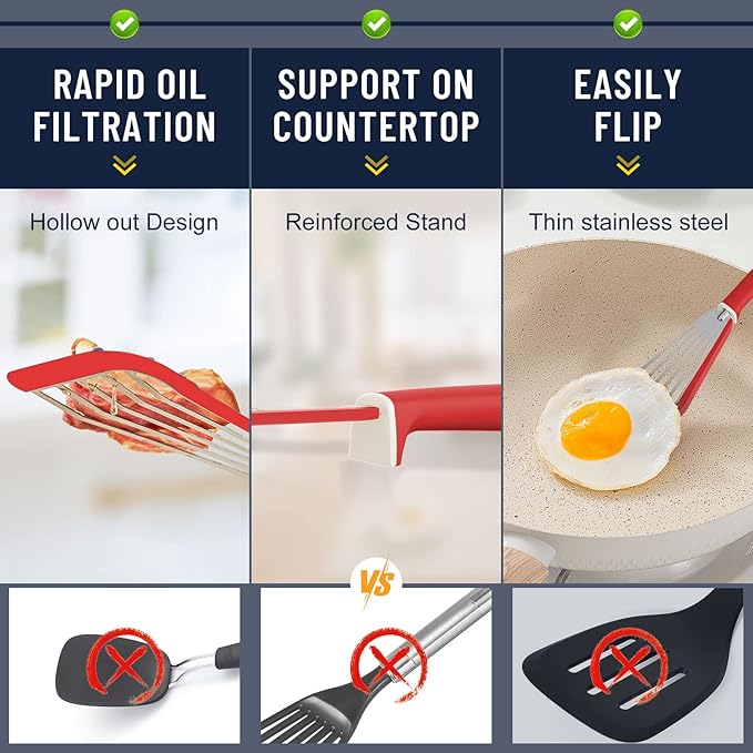 Fish Spatula,600??Heat Resistant Silicone Fish Spatula with Basting Brush,for Nonstick Cookware,Flexible Slotted Fishs Turner Spatulas,BPA Free,Dishwasher Safe(Red)