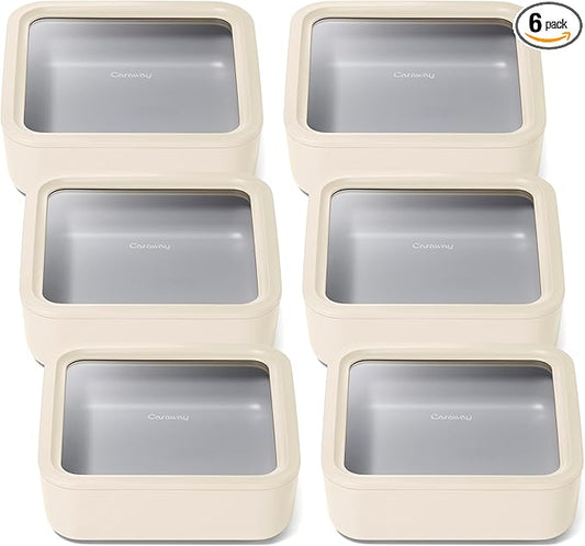 Caraway 6pc Glass Food Storage Set ??10 Cup Food Containers (6) - Ceramic Coated - Non Toxic, Non Stick with Lids - Microwave Safe - Cream