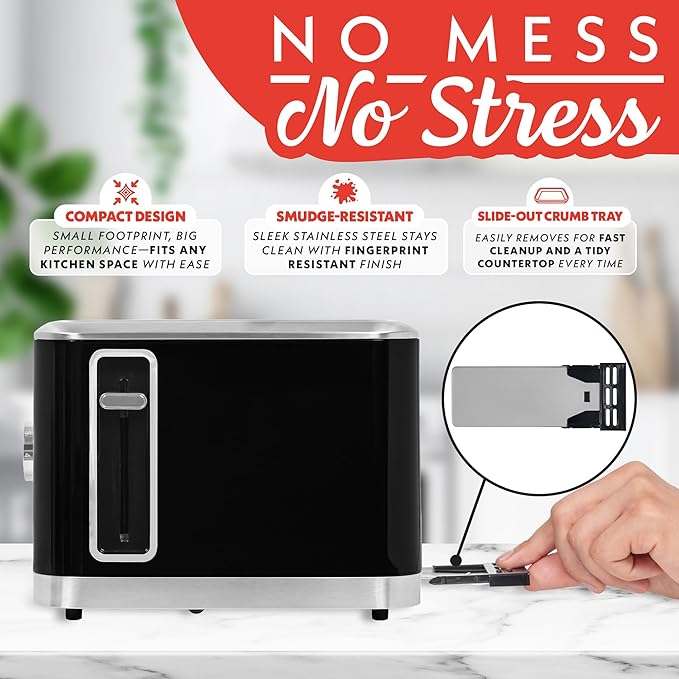 Gourmia 4 Slice Toaster, Double-Sided ??Dual Independent Controls, Bagel, Defrost & Reheat Mode, 6 Browning Levels, Extra Wide Slots, Removable Crumb Tray, Compact Design, Black