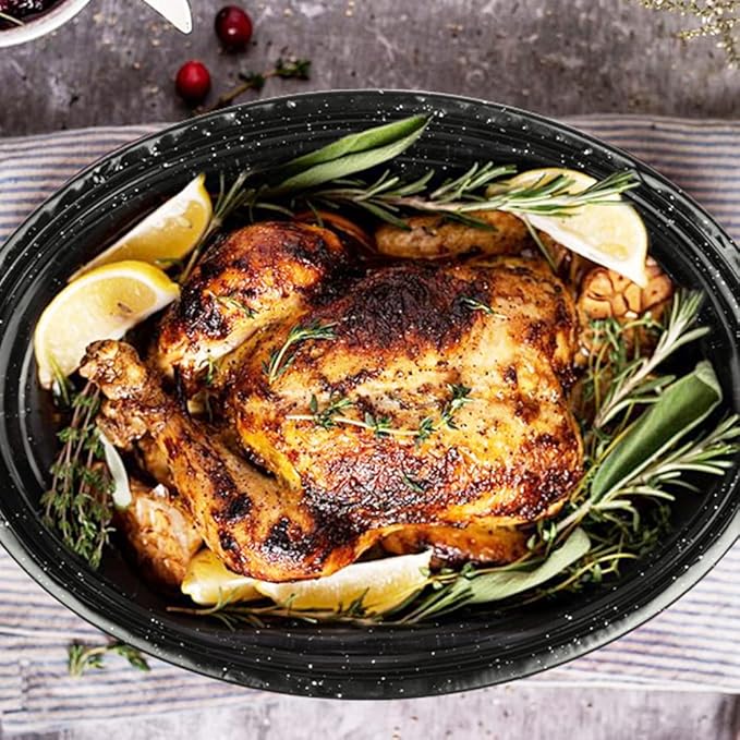 13??Enameled Oval Roasting Pan with Domed Lid - For 7lb Turkey, Chicken, Lamb, Vegetables