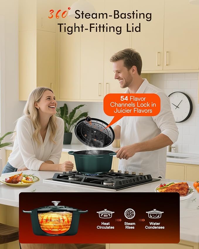 Nuwave 6QT Healthy Enameled Cast Iron Dutch Oven Pot with Lid, Heavy Duty 7-Layer Enamel, Enhanced Rust Protection, Dual Handles, Oven Safe to 500째F for Sourdough Bread Baking, Braise, Stew, Roast