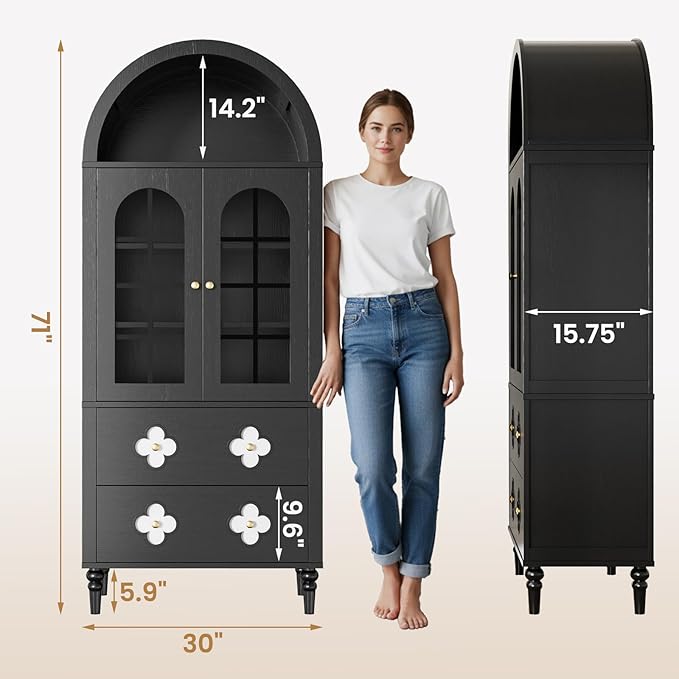 MOPHOTO Arched Cabinet, 71 in Arched Cabinet with Glass Doors, Modern Versatile Pantry Storage Cabinet with 2 Large Drawers for Living Room, Kitchen, Dining Room