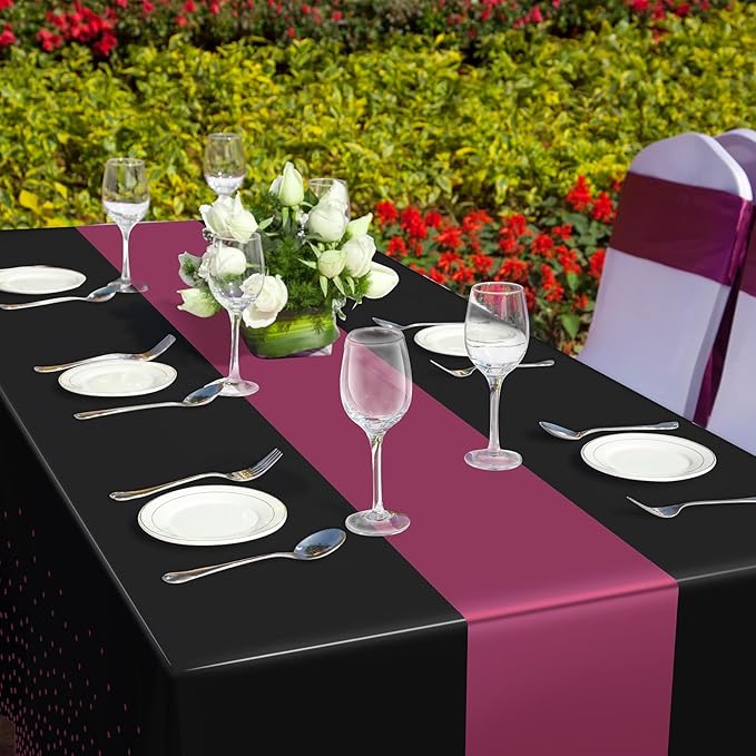 3Pcs Black and Maroon Purple Tablecloth Party Decorations,Plastic Black Table Cloth Printed Maroon Purple Table Runner Disposable Rectangle Table Cover for Birthday Wedding Graduation Party,54x108Inch