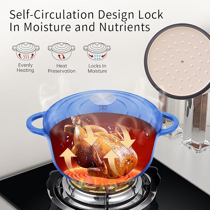 6 Quart Enameled Cast Iron Dutch Oven Pot with Lid and Silicone Accessories, Oven Safe up to 500째F or on Stovetop, Non-stick Dutch Oven for Bread Baking, Cooking, Dual Handles Cookware, Blue