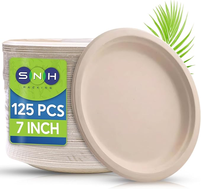 SNH Packing 100% Compostable Plates 7 Inch [125-Pack], Heavy Duty Dinner Paper Plates, Eco-Friendly Biodegradable Sugarcane Bagasse, Natural Brown Disposable Plates for Dessert, Party, BBQ & Picnic