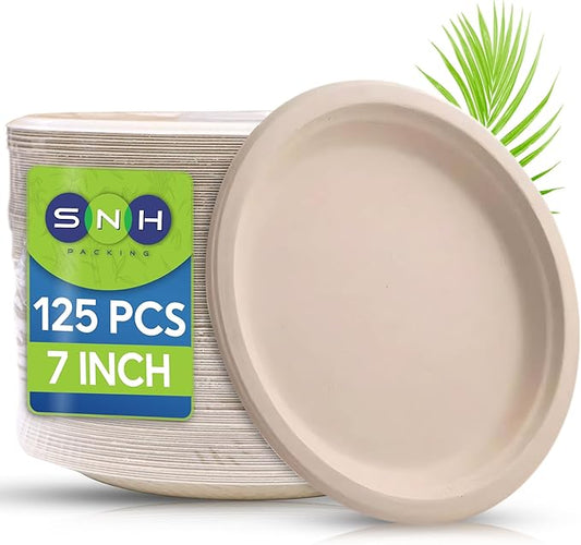 SNH Packing 100% Compostable Plates 7 Inch [125-Pack], Heavy Duty Dinner Paper Plates, Eco-Friendly Biodegradable Sugarcane Bagasse, Natural Brown Disposable Plates for Dessert, Party, BBQ & Picnic