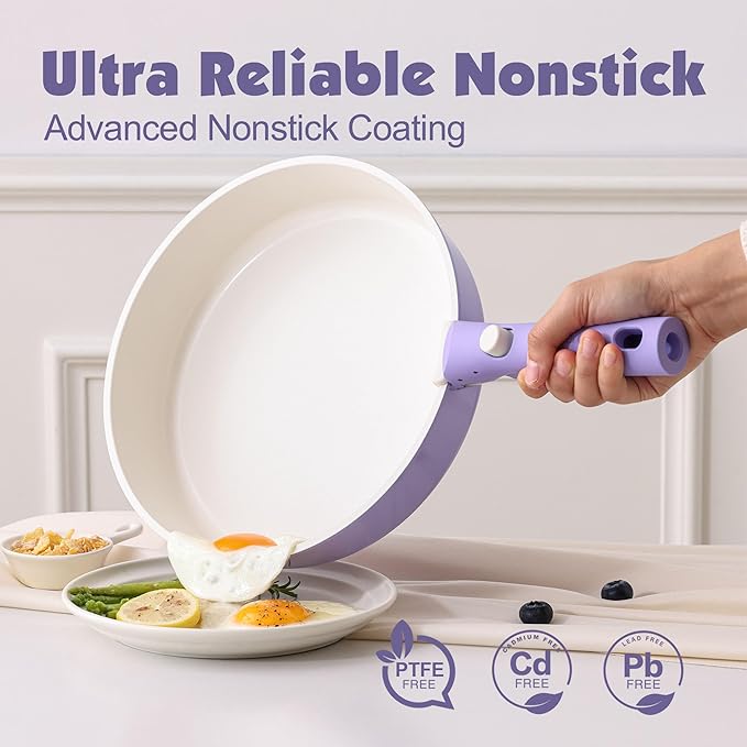 SENSARTE 17 Piece Ceramic Pots and Pans Set, Nonstick Detachable Handle Cookware, Induction Kitchen Cookware Set with Removable Handle, Dishwasher 竊?Oven Safe (Purple)