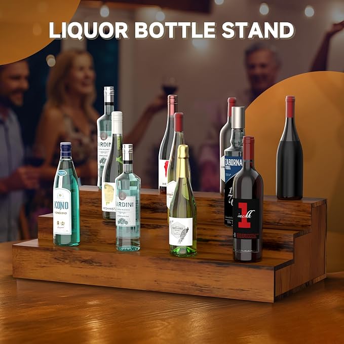 2 Pack Liquor Bottle Stand - 3 Tier Liquor Bar Bottle Display Shelf, Holds 36 Bottles, Real Wood, Easy to Clean, No Installation Required - 24 Inch Each (Dark Walnut)