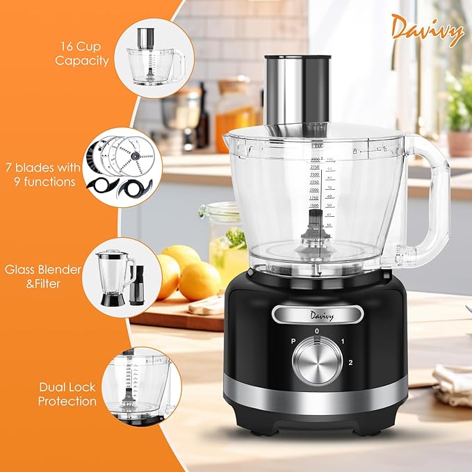 Davivy 16-Cup Food Processor and Blender, 6-Cup (50oz) Glass Blender Food Processors Combo ??10-in-1 Full-Size Food Processor with 600W Motor, 2 Speeds + Pulse for Home Use, Black
